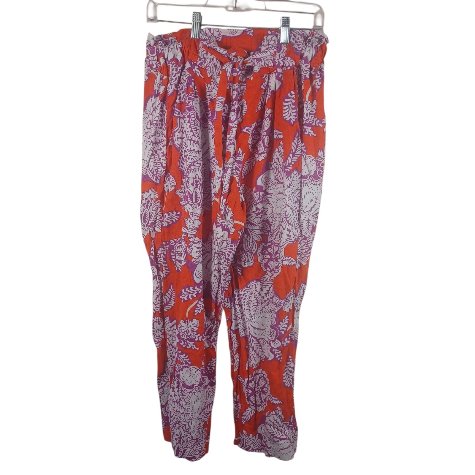 Calligraphie Linen Pink Floral Paperbag Pull On Beachy Boho Lounge Pants Medium